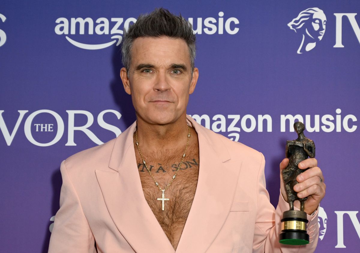 LONDON, ENGLAND - MAY 22: Robbie Williams, winner of the Icon Award, during the Ivor Novello Awards 2025 at the Grosvenor House Hotel on May 22, 2025 in London, England. (Photo by Stuart C. Wilson/Getty Images)