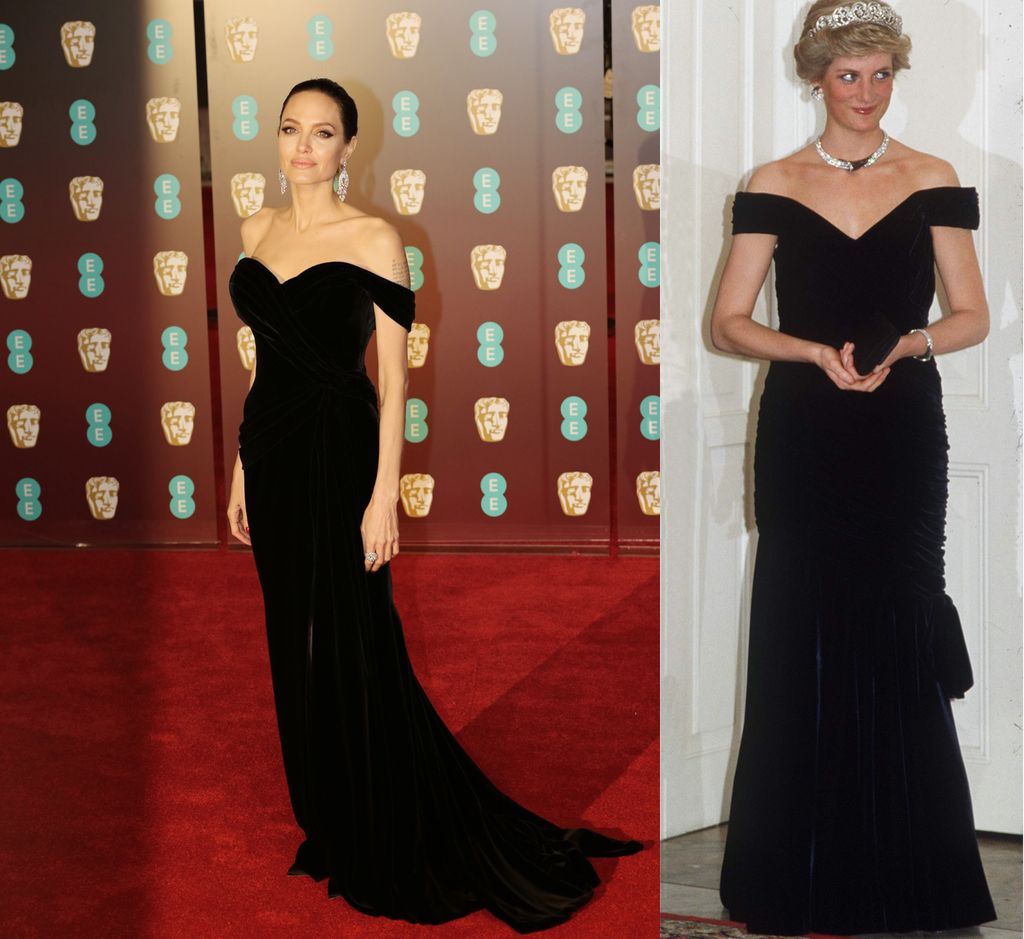 Angelina Jolie a 2018-as BAFTA díjátadón viselt egy Diana stílusú ruhát. 