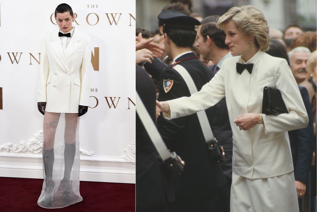 
Emma Corrin, aki A korona sorozatban Diana fiatalkori énjét alakított, egy fehér öltöny szettben jelent meg a sorozat premierjén. Az outfit tisztelgett Diana 1985-ös outfitje előtt.
