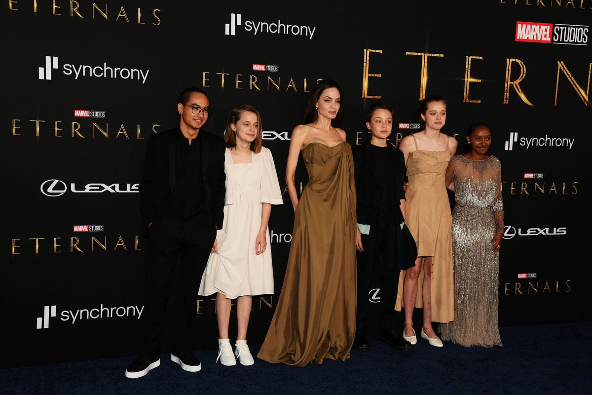 Angelina Jolie and her children (L-R) Maddox, Vivienne, Knox, Shiloh and Zahara at Marvel's 'The Eternals' Premiere at the El Capitan Theatre on October 18, 2021 in Los Angeles, California. (Photo by Michael Buckner/Variety/Penske Media via Getty Images)