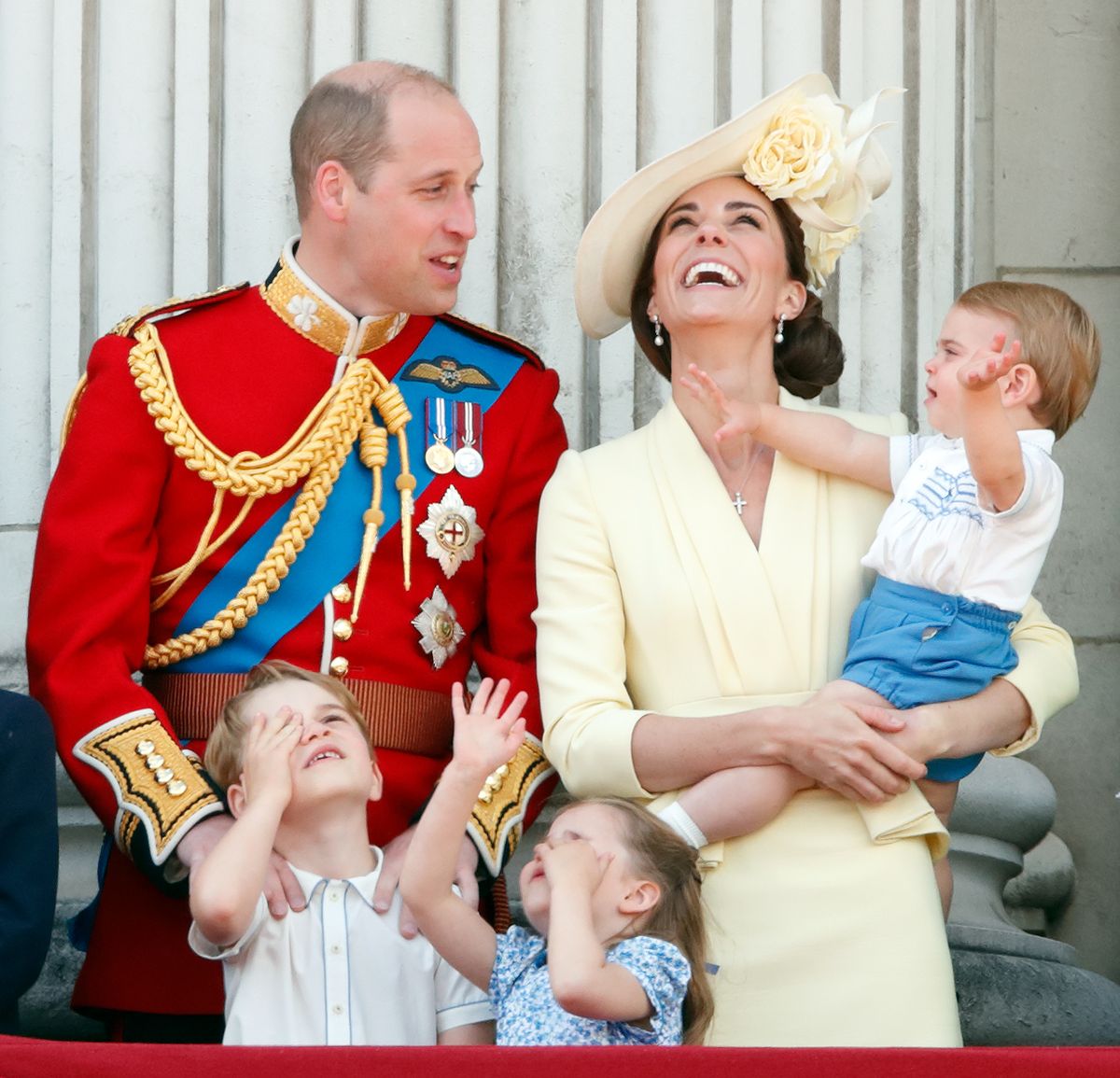 LONDON, UNITED KINGDOM - JUNE 08: (EMBARGOED FOR PUBLICATION IN UK NEWSPAPERS UNTIL 24 HOURS AFTER CREATE DATE AND TIME) Prince William, Duke of Cambridge, Catherine, Duchess of Cambridge, Prince Louis of Cambridge, Prince George of Cambridge and Princess Charlotte of Cambridge watch a flypast from the balcony of Buckingham Palace during Trooping The Colour, the Queen's annual birthday parade, on June 8, 2019 in London, England. The annual ceremony involving over 1400 guardsmen and cavalry, is believed to have first been performed during the reign of King Charles II. The parade marks the official birthday of the Sovereign, although the Queen's actual birthday is on April 21st. (Photo by Max Mumby/Indigo/Getty Images)