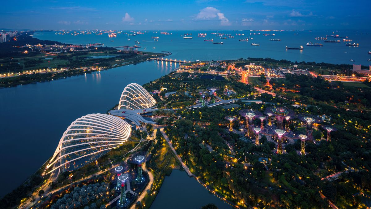 Singapore bay and harbor with vessel and gardent  from roof top of building