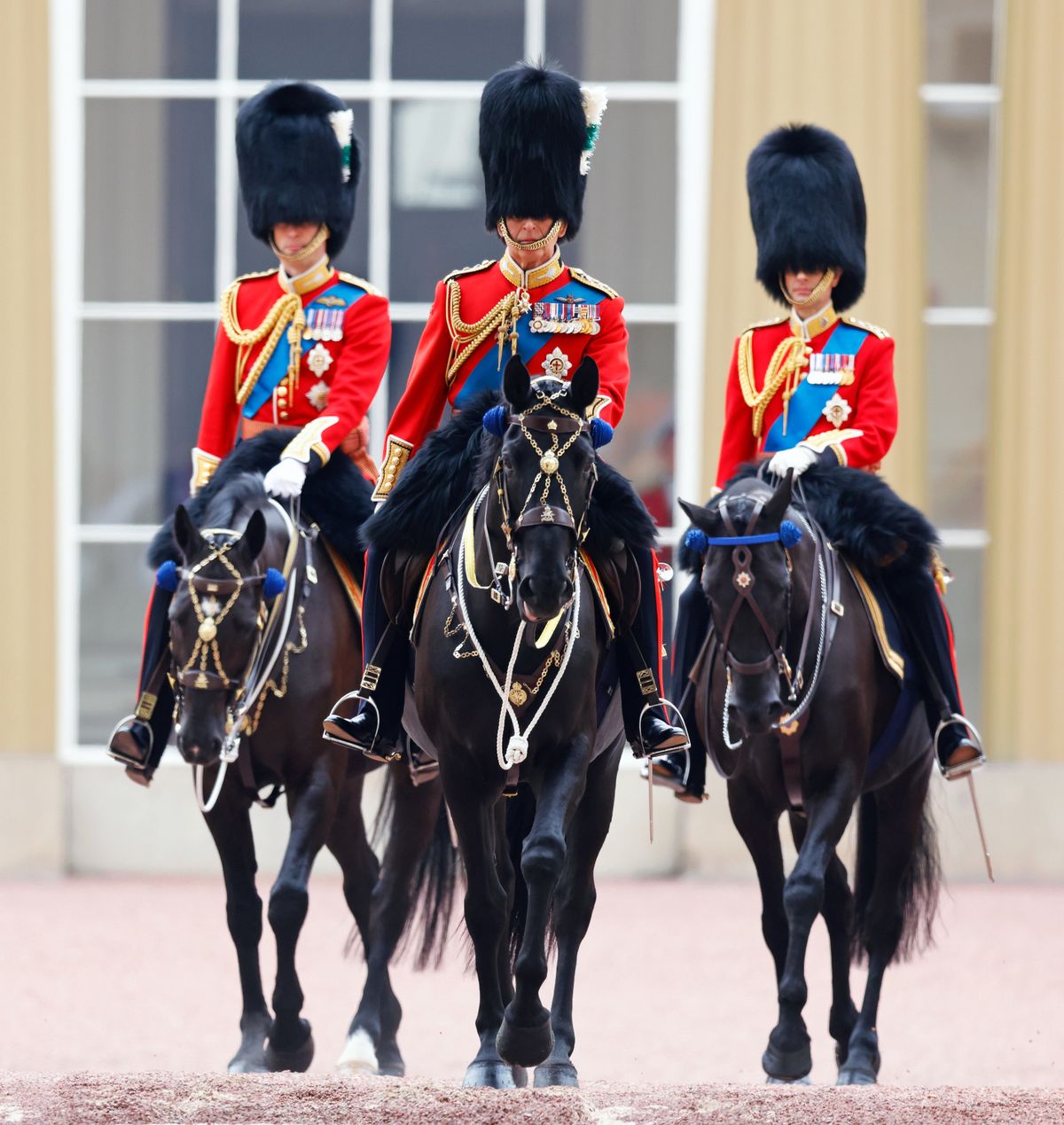 LONDON, UNITED KINGDOM - JUNE 17: (EMBARGOED FOR PUBLICATION IN UK NEWSPAPERS UNTIL 24 HOURS AFTER CREATE DATE AND TIME) King Charles III (C), wearing his Welsh Guards uniform, Prince William, Prince of Wales (Colonel of the Welsh Guards) (L) and Prince Edward, Duke of Edinburgh (Colonel of The London Guards) (R) depart Buckingham Palace on horseback to attend Trooping the Colour on June 17, 2023 in London, England. Trooping the Colour is a traditional military parade held at Horse Guards Parade to mark the British Sovereign's official birthday. It will be the first Trooping the Colour held for King Charles III since he ascended to the throne. (Photo by Max Mumby/Indigo/Getty Images)