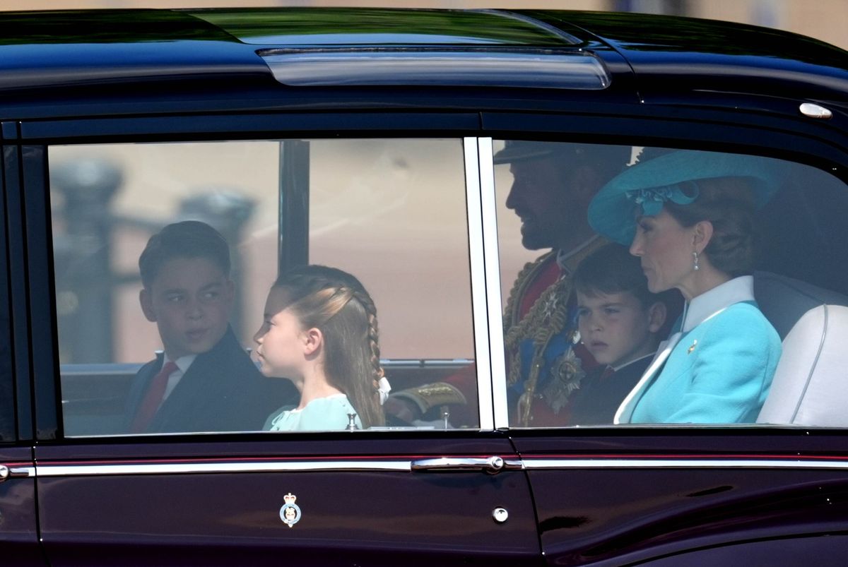 Prince George, Princess Charlotte, the Prince of Wales, Prince Louis and the Princess of Wales arrive at Buckingham Palace ahead of Trooping the Colour ceremony in central London as King Charles III celebrates his official birthday. Picture date: Saturday June 14, 2025.,Image: 1010860204, License: Rights-managed, Restrictions: , Model Release: no