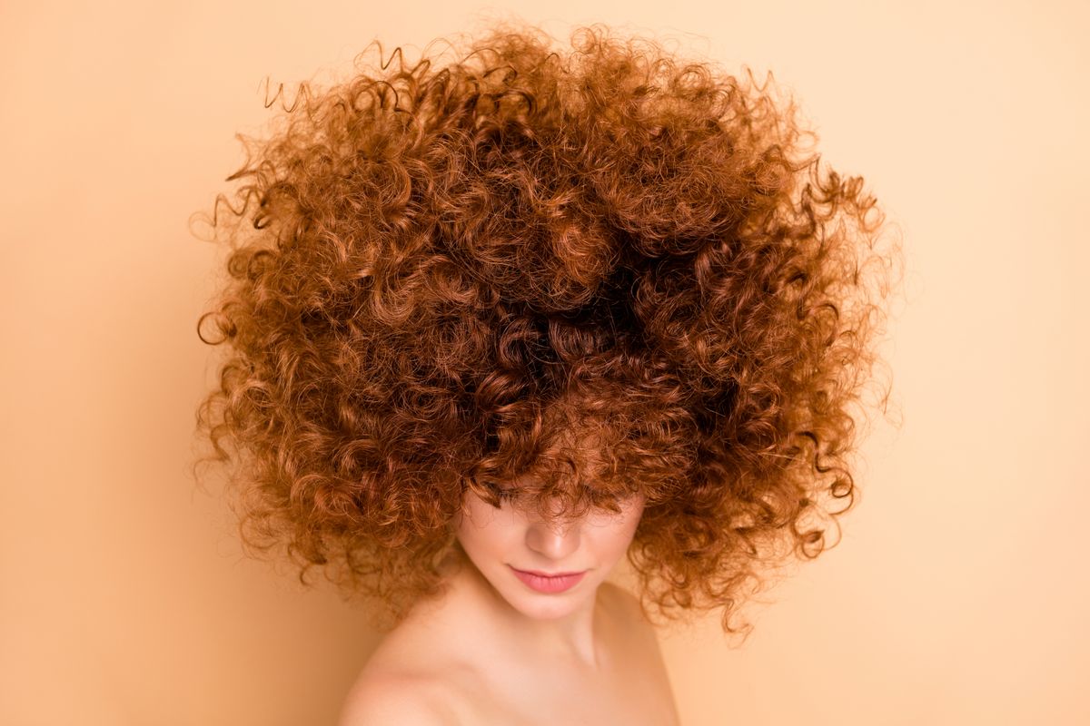 Close up side profile photo beautiful she her wear no clothes nude look down lady dreamer ideal skin condition salon stylist curls perms roller curlers tint wellness isolated beige pastel background