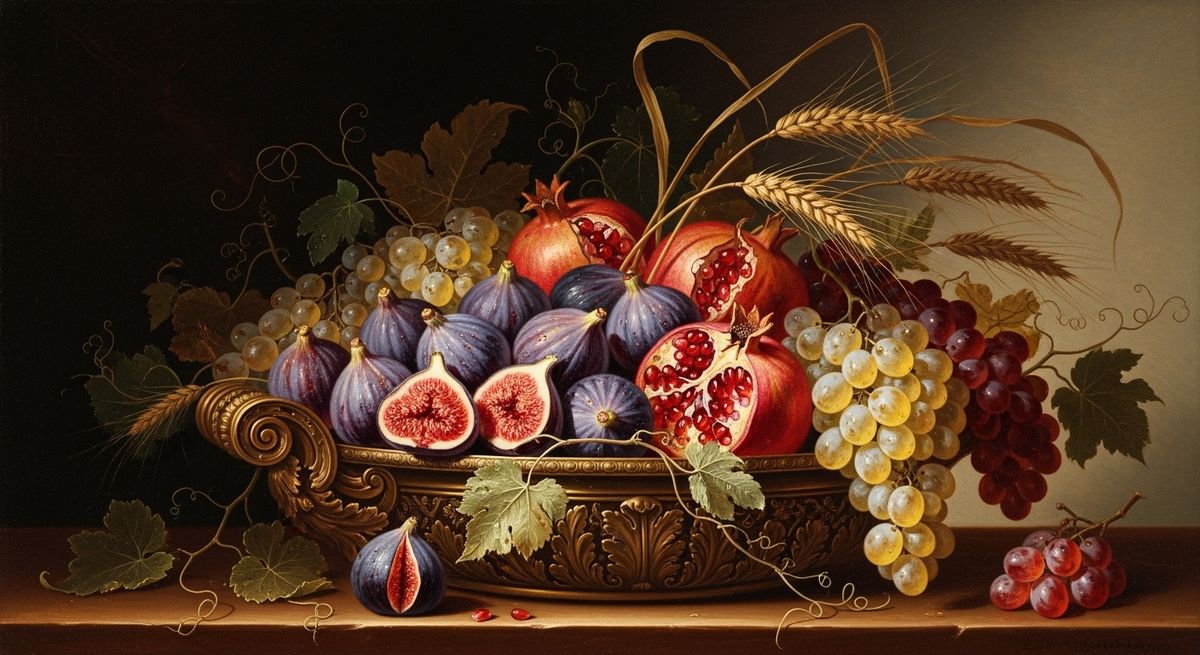 Baroque artistic image of figs, pomegranates, wheat, grapes in a bowl.