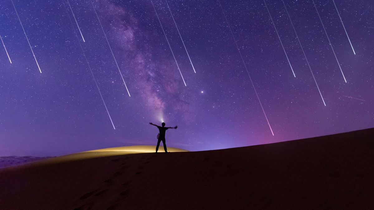 A man cheered and saw the wonders of the Perseid meteor shower in the desert at night