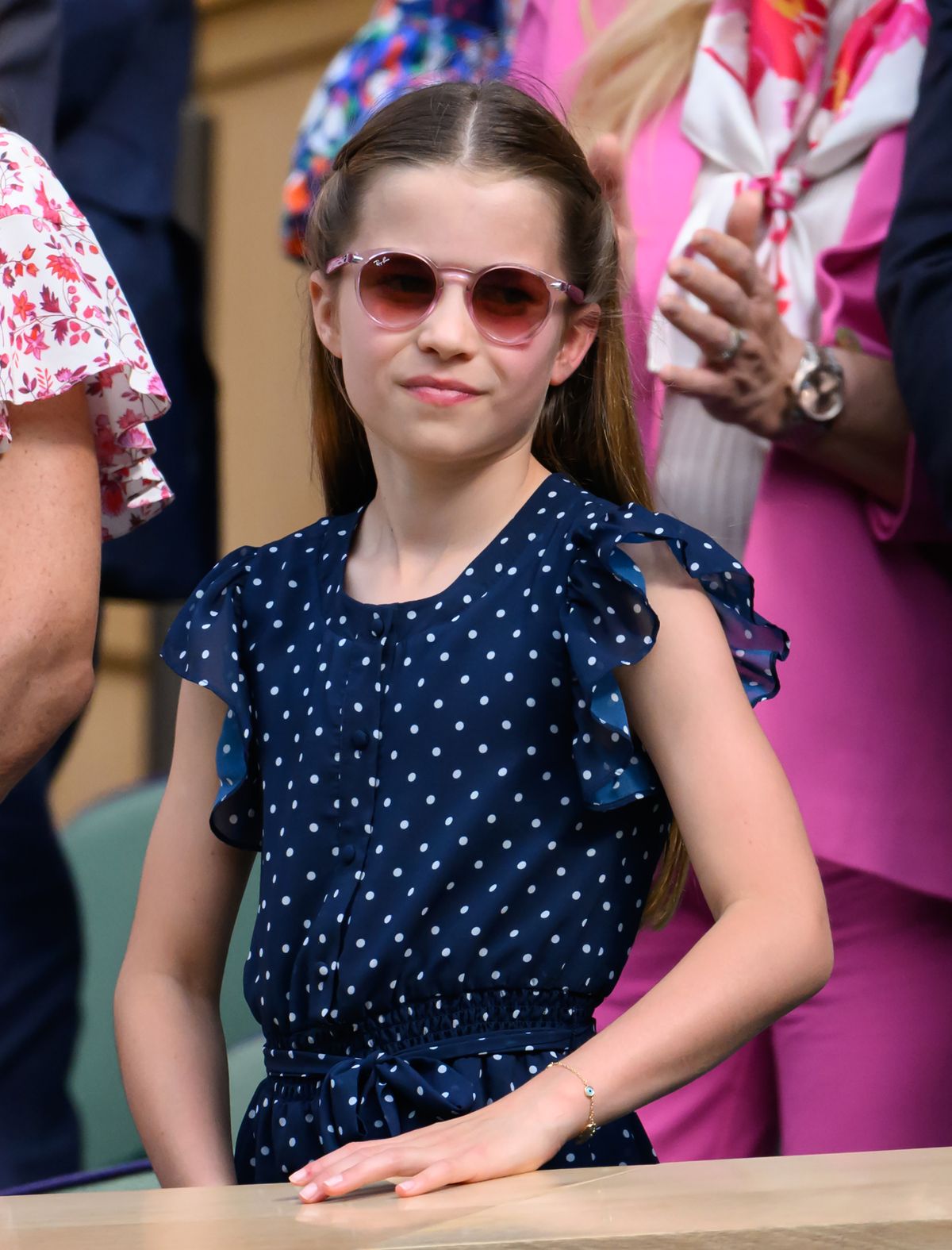 LONDON, ENGLAND - JULY 14: Princess Charlotte of Wales court-side of Centre Court during the men's final on day fourteen of the Wimbledon Tennis Championships at the All England Lawn Tennis and Croquet Club on July 14, 2024 in London, England. (Photo by Karwai Tang/WireImage)