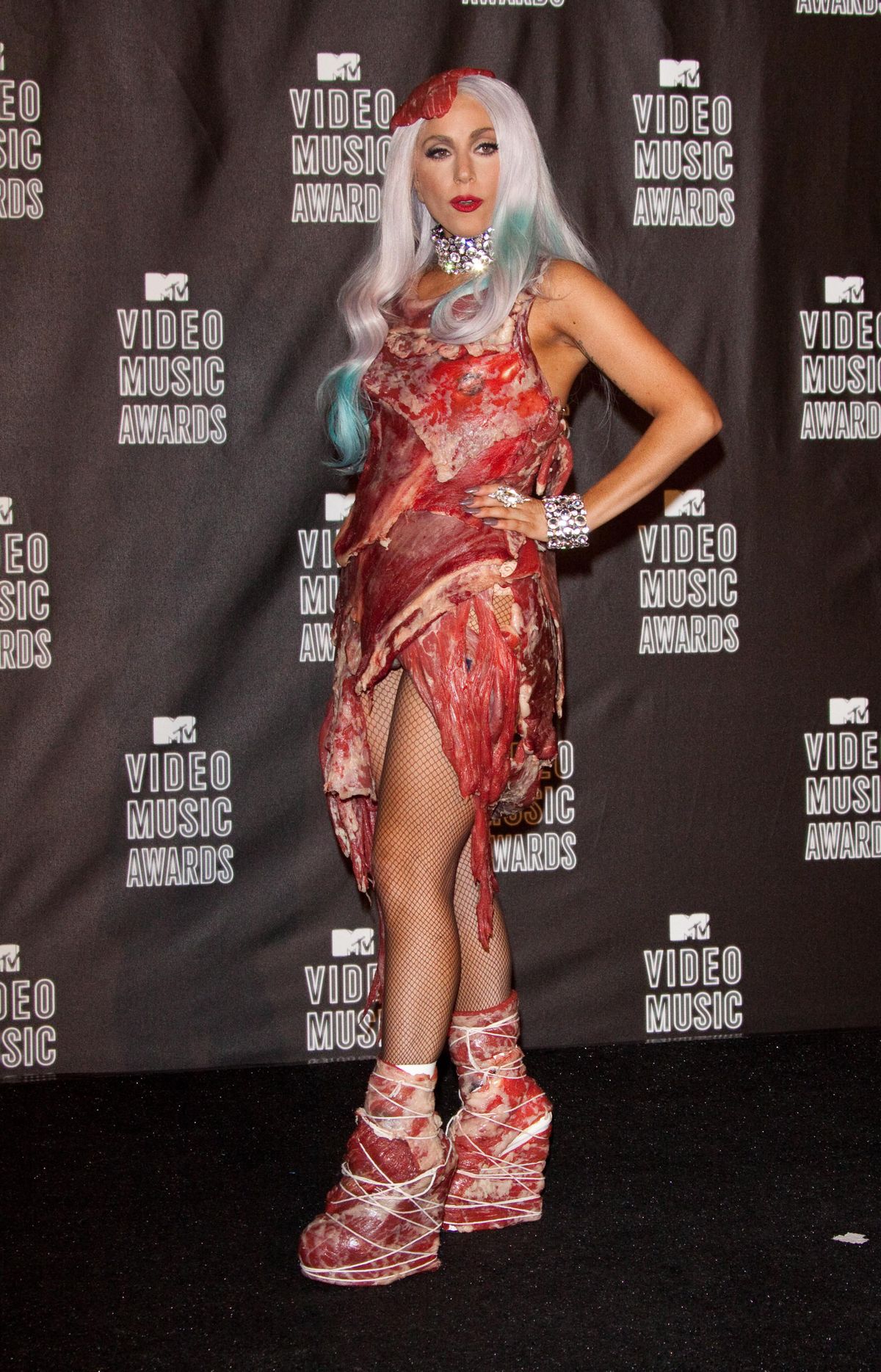 Sept. 13, 2010 - Los Angeles, California, U.S. - Singer LADY GAGA wears a dress made of meat in the press room of the 2010 MTV Video Music Awards at the Nokia Theatre. (Credit Image: © Hubert Boesl/DPA/ZUMApress.com)