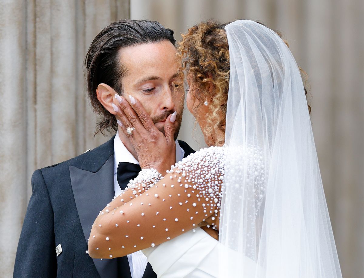 LONDON, UNITED KINGDOM - JULY 05: (EMBARGOED FOR PUBLICATION IN UK NEWSPAPERS UNTIL 24 HOURS AFTER CREATE DATE AND TIME) Rory McPhee and Mel B depart following their wedding in the OBE (Order of the British Empire) Chapel at St Paul's Cathedral on July 5, 2025 in  London, England. (Photo by Max Mumby/Indigo/Getty Images)