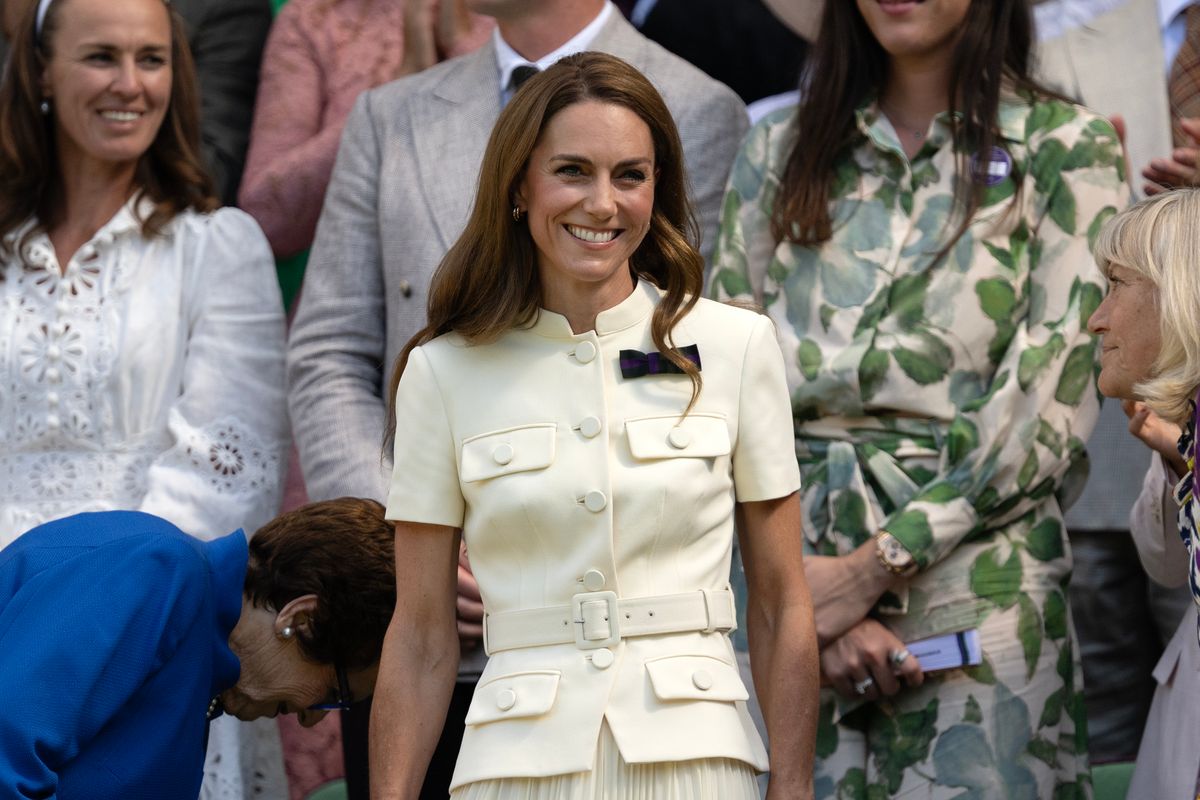LONDON, ENGLAND - JULY 12: Catherine, Princess of Wales, smiles in the Royal Box prior to the the Ladies' Singles Final between Iga Swiatek of Poland and Amanda Anisimova of United States on day thirteen of The Championships Wimbledon 2025 at All England Lawn Tennis and Croquet Club on July 12, 2025 in London, England. (Photo by Visionhaus via Getty Images)