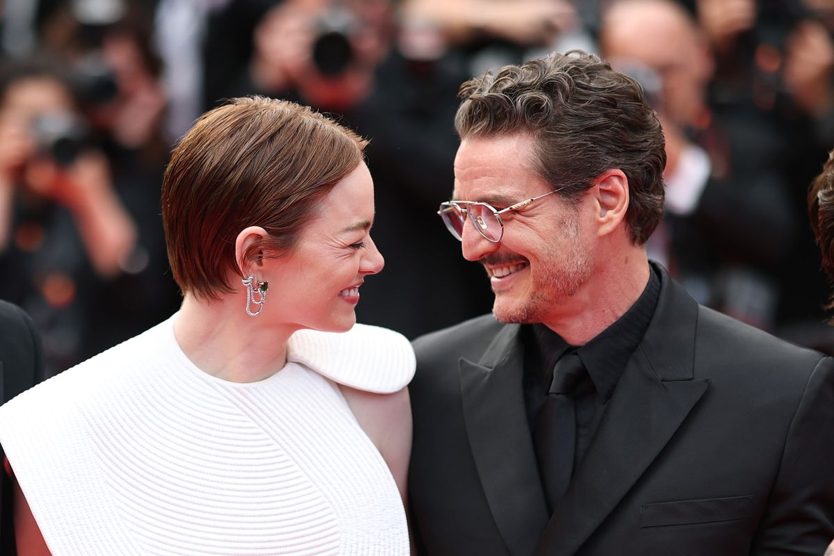 CANNES, FRANCE - MAY 16: Emma Stone and Pedro Pascal attend the "Eddington" red carpet at the 78th annual Cannes Film Festival at Palais des Festivals on May 16, 2025 in Cannes, France. (Photo by Monica Schipper/Getty Images)