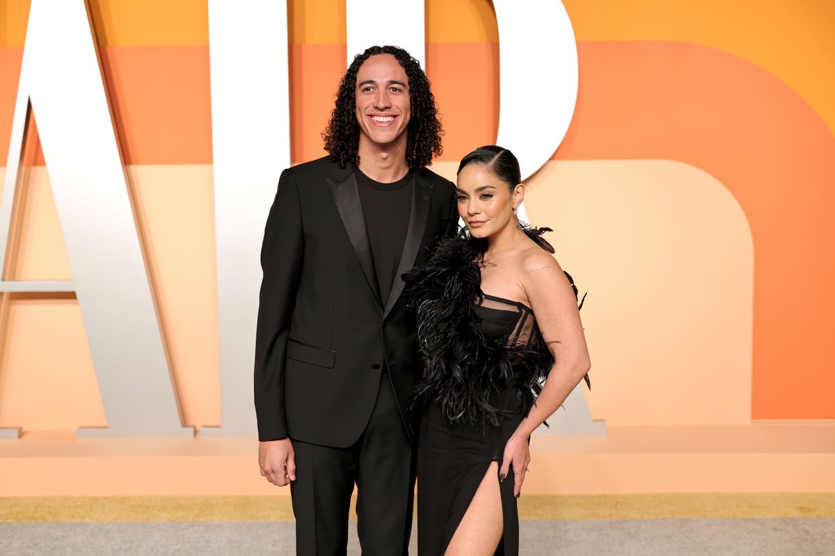 BEVERLY HILLS, CALIFORNIA - MARCH 02: (L-R) Cole Tucker and Vanessa Hudgens attend the 2025 Vanity Fair Oscar Party Hosted By Radhika Jones at Wallis Annenberg Center for the Performing Arts on March 02, 2025 in Beverly Hills, California.  (Photo by Neilson Barnard/Getty Images for Vanity Fair)