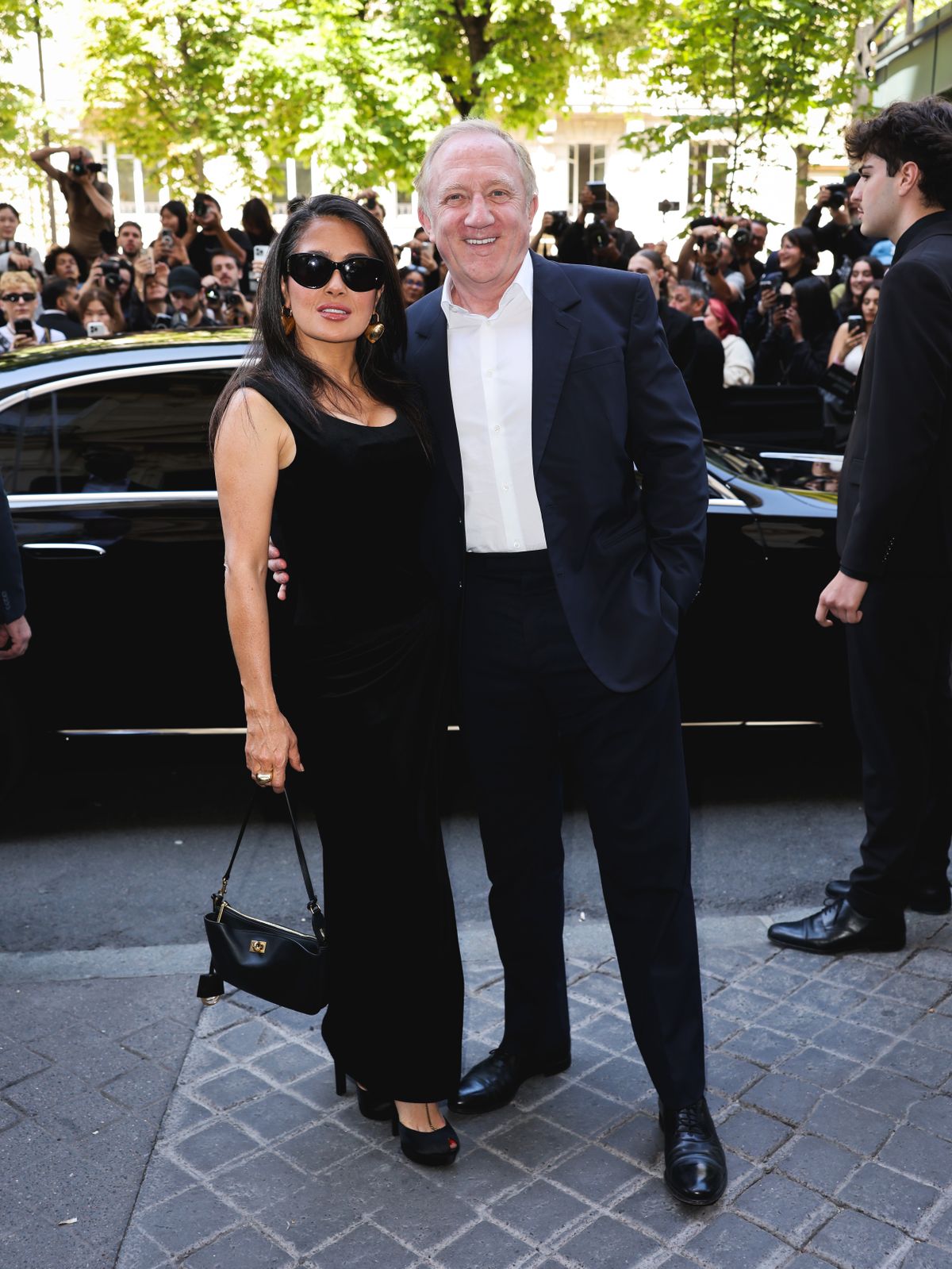 PARIS, FRANCE - JULY 09: Salma Hayek and François-Henri Pinault attend the Balenciaga Haute Couture Fall/Winter 2025/2026 show as part of Paris Fashion Week on July 09, 2025 in Paris, France. (Photo by Arnold Jerocki/Getty Images for Balenciaga)