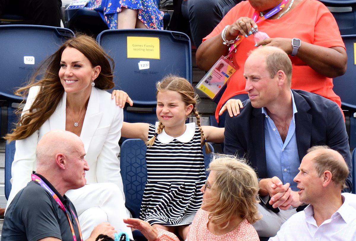 2 August 2022...Prince William, Duke of Cambridge, Catherine, Duchess of Cambridge, accompanied by their daughter, Princess Charlotte, attending the Commonwealth Games 2022 in Birmingham. .They are attending the pool to cheer on the hockey. (Photo by Justin Goff Photos/Getty Images)