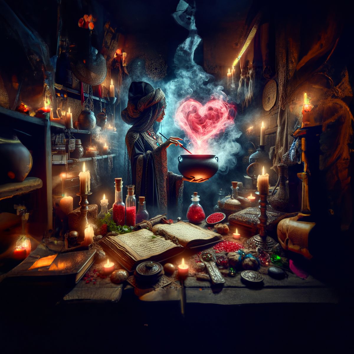 I need an image to illustrate this question: Would you consider a love spell that makes someone fall in love with you black magic or white magic? The image needs to have a magic mood, something mysterious, witch, no text, without text, love spell