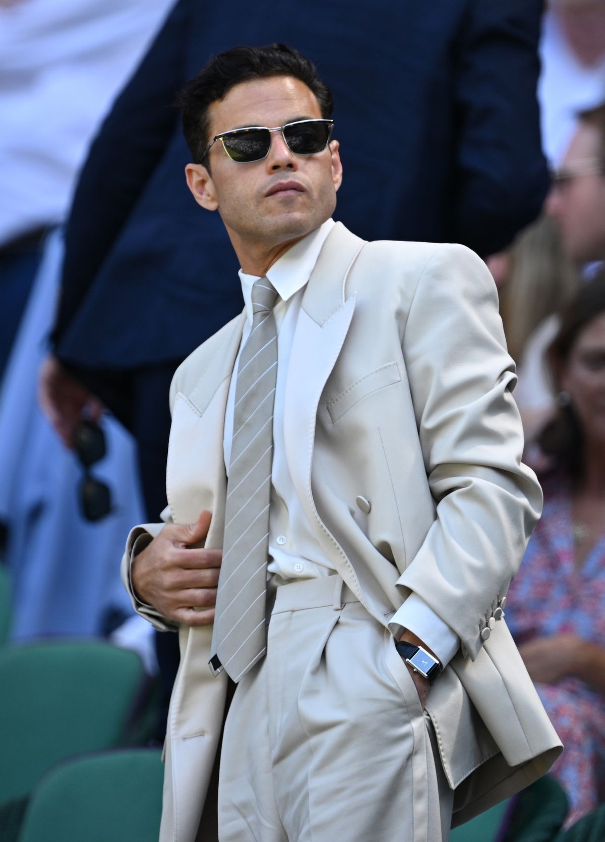 LONDON, ENGLAND - JULY 11: Actor Rami Malek arrives in the royal box ahead of the Gentlemen's semi-final match between Taylor Fritz of United States and Carlos Alcaraz of Spain on day twelve of The Championships Wimbledon 2025 at All England Lawn Tennis and Croquet Club on July 11, 2025 in London, England. (Photo by Visionhaus via Getty Images)