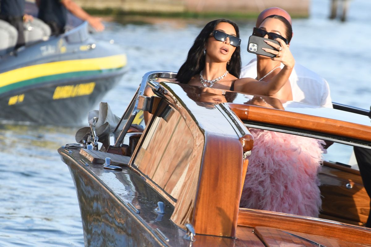 VENICE, ITALY - JUNE 27: Kim Kardashian and Khloé Kardashian sighting ahead of the Jeff Bezos and Lauren Sanchez wedding on the island of San Giorgio Maggiore on June 27, 2025 in Venice, Italy., Italy. (Photo by Luigi Iorio/GC Images)