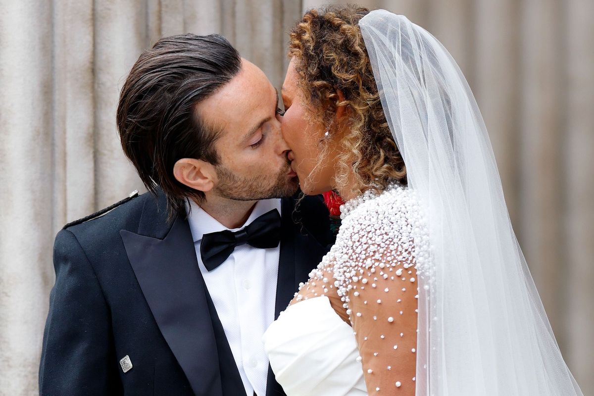 LONDON, UNITED KINGDOM - JULY 05: (EMBARGOED FOR PUBLICATION IN UK NEWSPAPERS UNTIL 24 HOURS AFTER CREATE DATE AND TIME) Rory McPhee and Mel B depart following their wedding in the OBE (Order of the British Empire) Chapel at St Paul's Cathedral on July 5, 2025 in  London, England. (Photo by Max Mumby/Indigo/Getty Images)