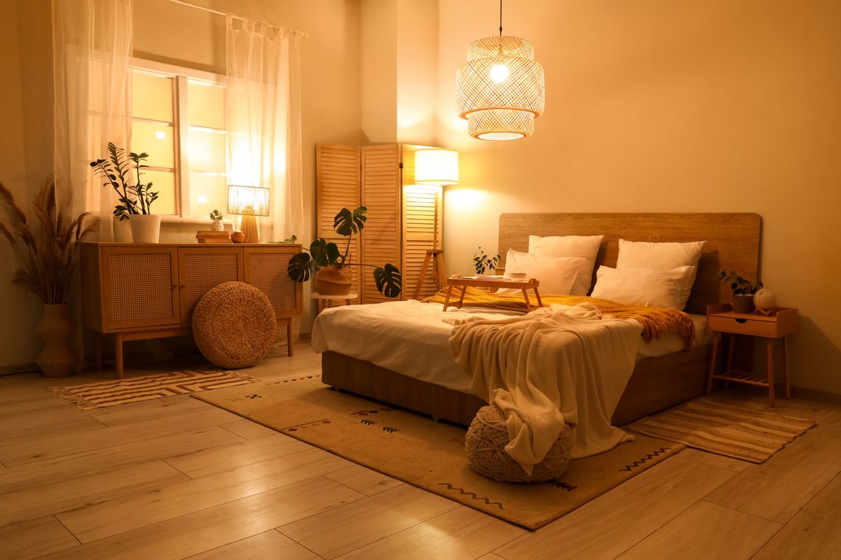 Stylish interior of bedroom with comfortable bed and glowing lamps