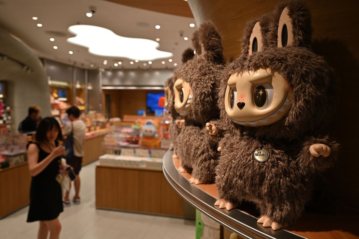 PRODUCTION - 10 July 2025, China, Peking: Labubu plush figures are for sale in a Pop Mart brand store. Photo: Johannes Neudecker/dpa (Photo by Johannes Neudecker/picture alliance via Getty Images)
