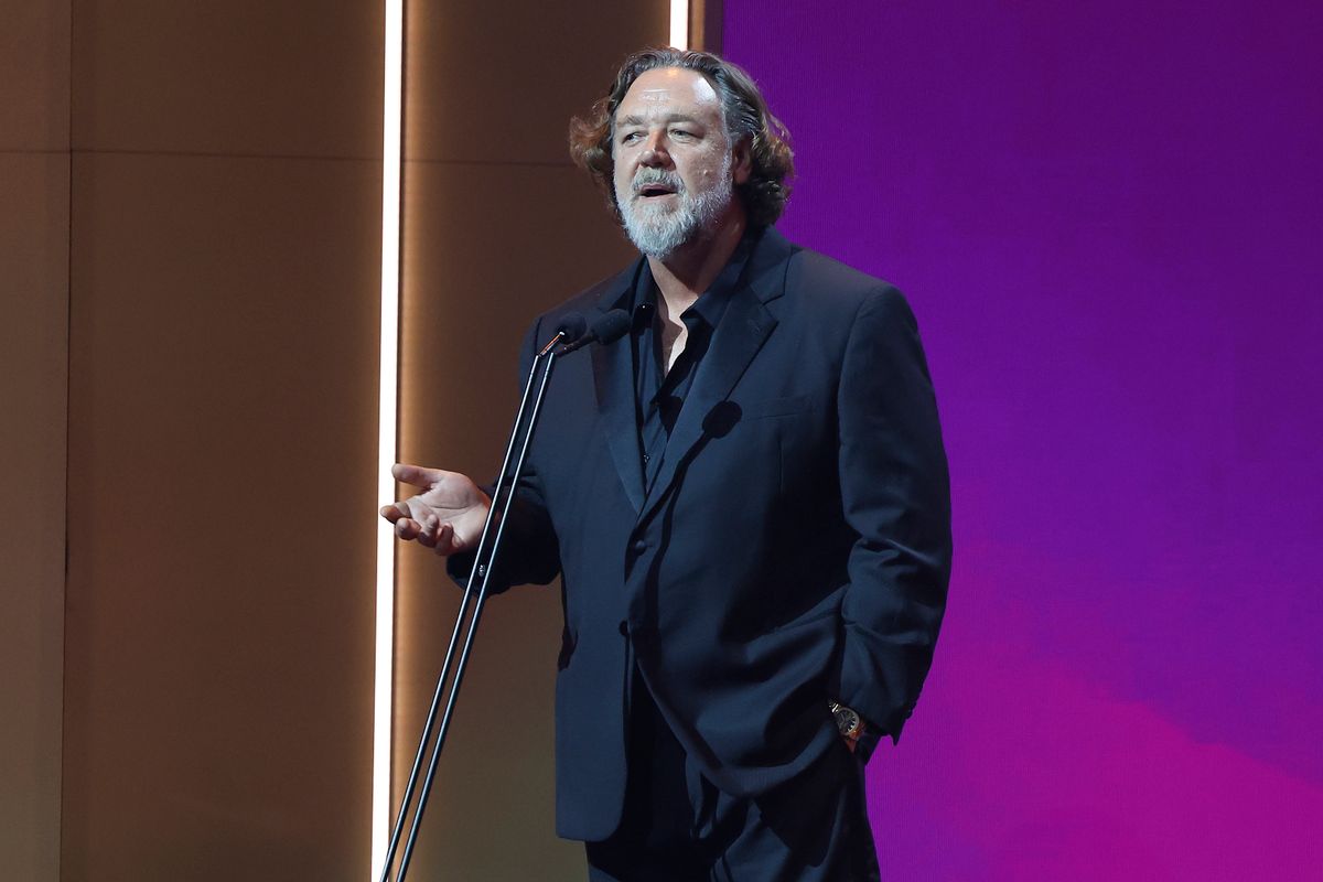 GOLD COAST, AUSTRALIA - FEBRUARY 07: Host Russell Crowe speaks during the 2025 AACTA Awards Presented By Foxtel Group at HOTA (Home of the Arts) on February 07, 2025 in Gold Coast, Australia. (Photo by Mackenzie Sweetnam/Getty Images)