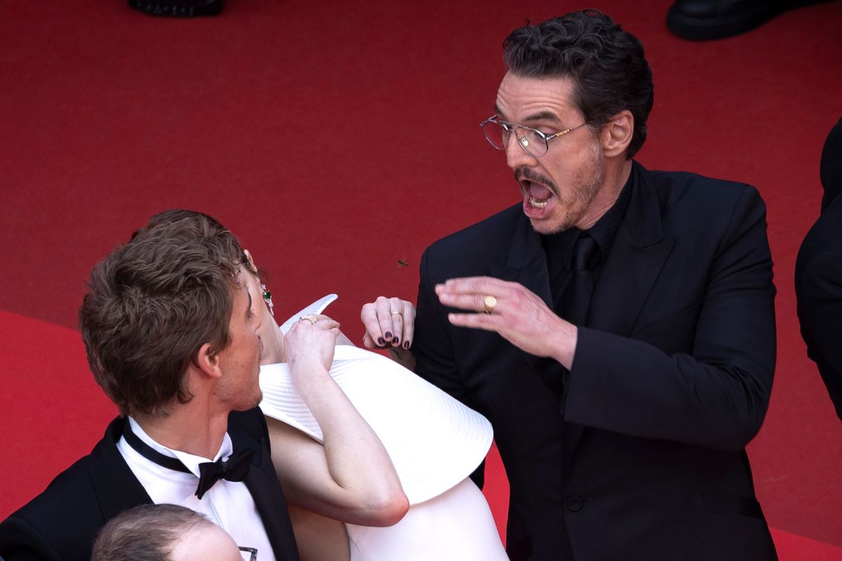 CANNES, FRANCE - MAY 16: Austin Butler, Emma Stone and Pedro Pascal attend the "Eddington" red carpet at the 78th annual Cannes Film Festival at Palais des Festivals on May 16, 2025 in Cannes, France. (Photo by Stephane Cardinale - Corbis/Corbis via Getty Images)