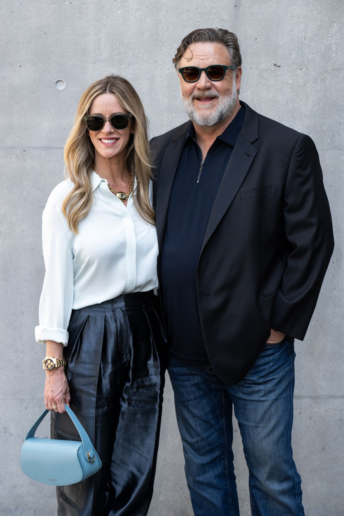 Actor Britney Theriot and New Zealand actor Russell Crowe guests at Giorgio Armani fashion show during Milan Fashion Week Men's Collection Spring Summer 2025. Milan (Italy), June 17th, 2024 (Photo by Matteo Rossetti/Archivio Matteo Rossetti/Mondadori Portfolio via Getty Images)