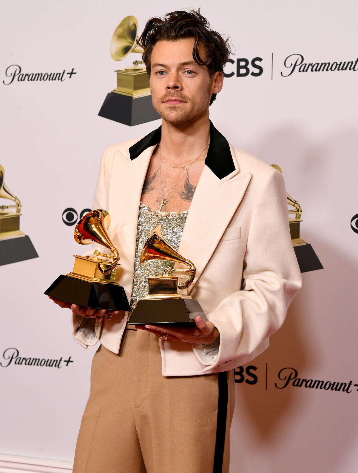 LOS ANGELES, CALIFORNIA - FEBRUARY 05: (FOR EDITORIAL USE ONLY) Harry Styles winner of Best Pop Vocal Album for “Harry’s House” and Album of the Year for “Harry’s House” poses in the press room during the 65th GRAMMY Awards at Crypto.com Arena on February 05, 2023 in Los Angeles, California. (Photo by Jon Kopaloff/WireImage)