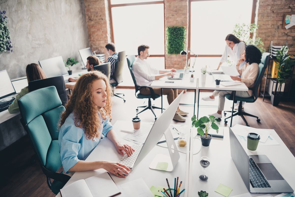 Photo of sit tables coworking project teamwork young people work together successful business conference meeting nice creative light office