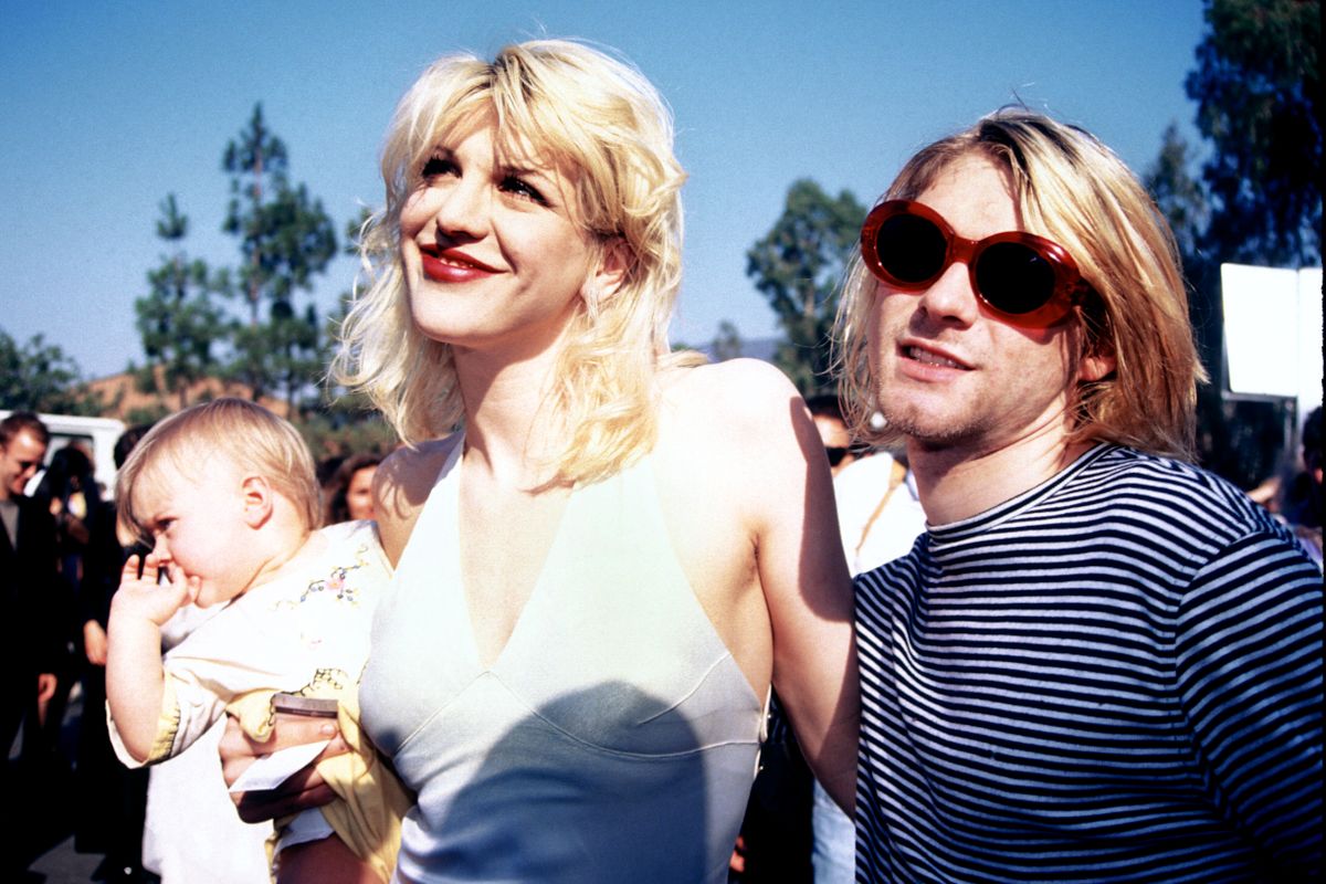 UNITED STATES - SEPTEMBER 02:  Kurt Cobain, Courtney Love and baby Frances Bean attending the 1993 MTV Music Video Awards in Los Angeles 09/02/93  (Photo by Vinnie Zuffante/Getty Images)