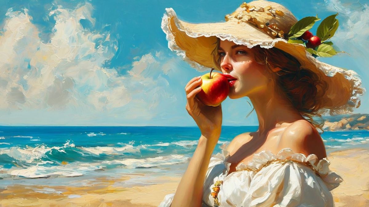 Baroque artistic image of beautiful woman eats an apple on summer in the beach.