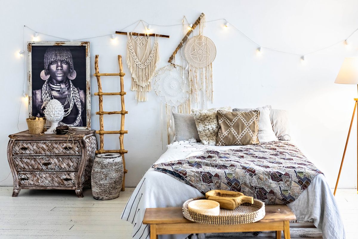 Moscow Russia-december 2021:Bright and light bedroom .Boho style interior.