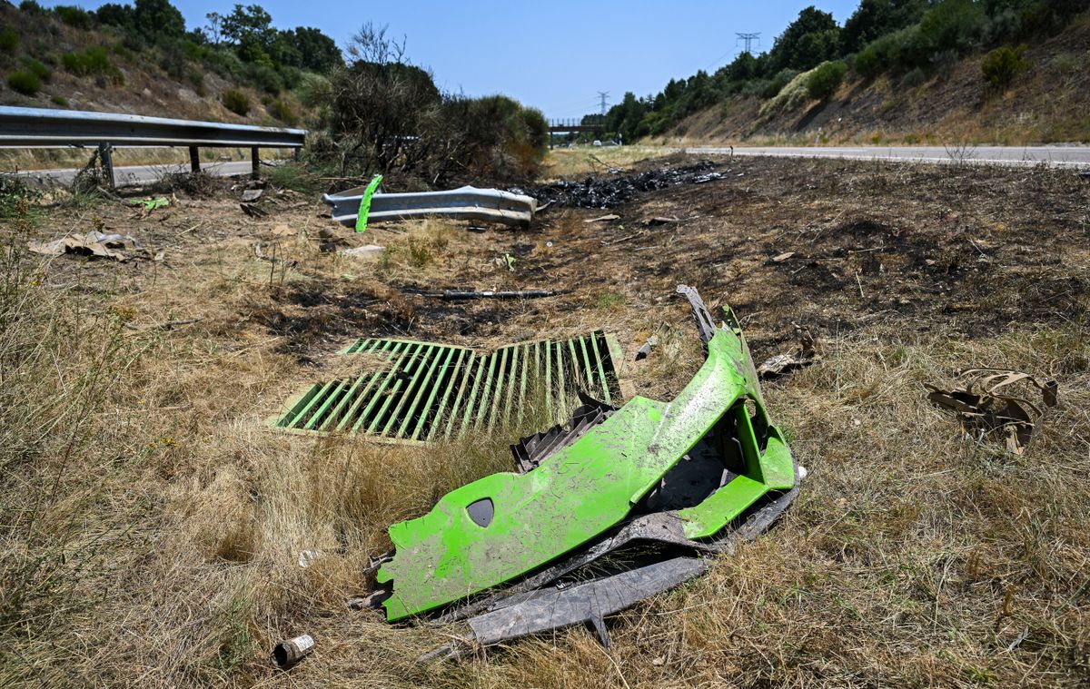 ZAMORA, SPAIN - JULY 3: General view of the crash site where Liverpool FC player Diogo Jota and his brother André Silva lost their lives, showing the wreckage of the Lamborghini Huracan at kilometre 65 of the A-52, near the town of Cernadilla, close to Zamora, Spain. The car crash occurred just after midnight on July 3, 2025. Spanish authorities said the vehicle left the road and caught fire upon impact. Both Jota and his brother were killed. (Photo by Octavio Passos/Getty Images)