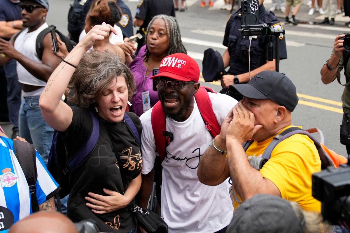 NEW YORK, NEW YORK - JULY 2: People react outside federal court after verdicts were announced during Sean Combs' sex trafficking and racketeering trial at Manhattan Federal Court on July 2, 2025 in New York City. Combs has been acquitted of the most serious charges in his case, but was convicted on two counts of transportation to engage in prostitution. (Photo by Eduardo Munoz Alvarez/Getty Images)