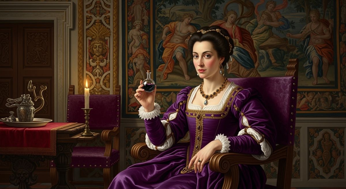 Baroque artistic image of giulia tofana a historical woman who holds a glass of poison. she is evil and sit in a renaissance room.
