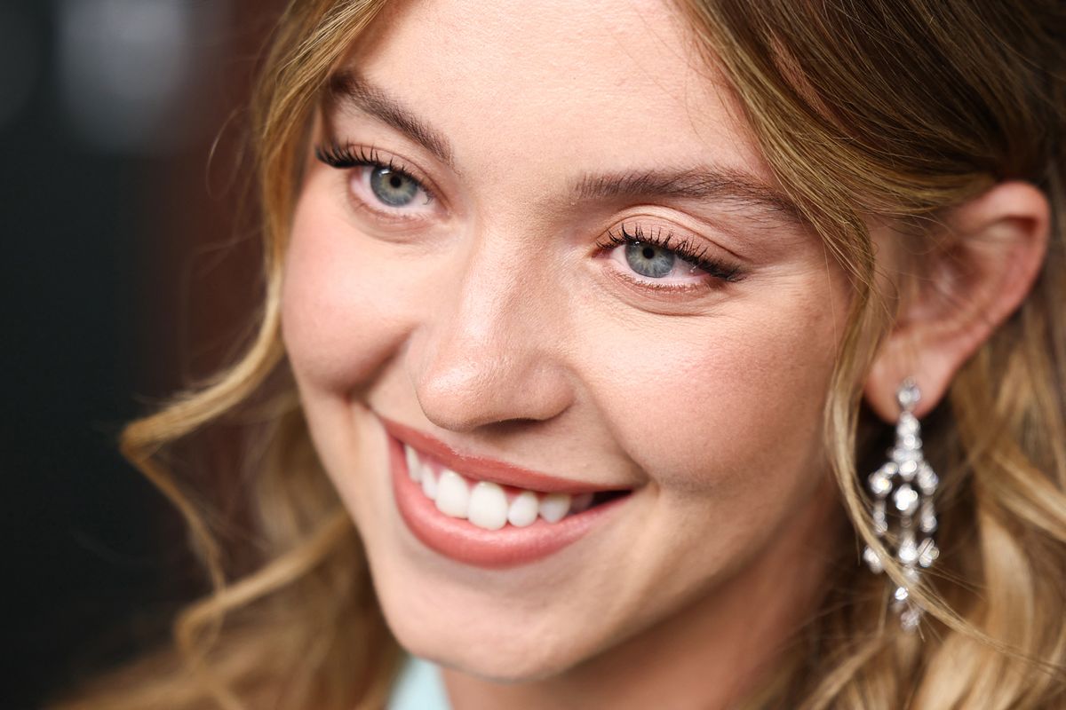 US actress Sydney Sweeney speaks to the press as she poses on the red carpet upon arrival for the "Echo Valley" European Premier at the BFI Southbank, in London, on June 10, 2025. (Photo by HENRY NICHOLLS / AFP)