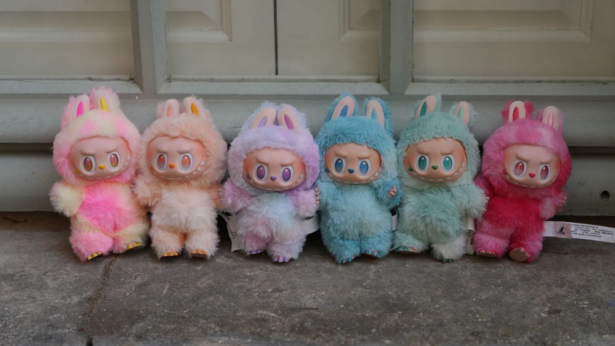 labubu PARIS, FRANCE - JUNE 12: Six Labubu monsters / charms / dolls / plus from "Big Into Energy" collection : Loyalty, Happiness, Luck, Hope, Serenity and Love., during a street style fashion photo session, on June 12, 2025 in Paris, France. (Photo by Edward Berthelot/Getty Images)