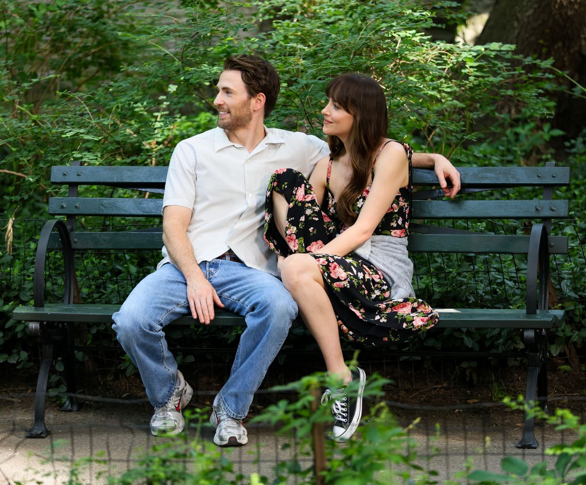 NEW YORK, NY - JUNE 03: Chris Evans and Dakota Johnson are seen on the set of "Materialists" in Uptown, Manhattan on June 03, 2024 in New York City.  (Photo by Jose Perez/Bauer-Griffin/GC Images)