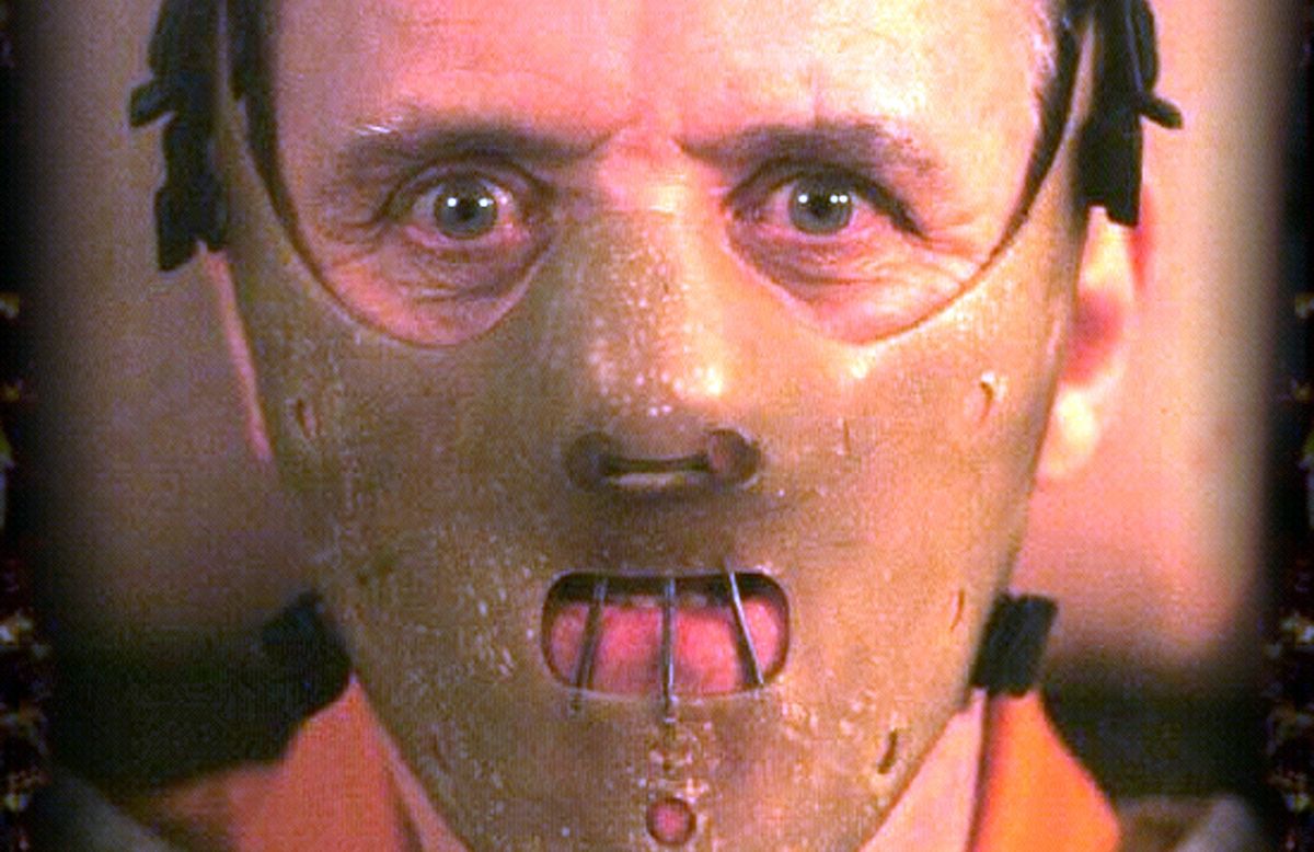 FILM TITLE:  THE SILENCE OF THE LAMBS.  DIRECTOR:  JONATHAN DEMME.  STUDIO:  Orion Pictures Corporation.  PLOT:  A genuinely frightening, violent, psychological thriller about the intimate exchanges between a deranged, hypnotic serial killer and a raw, vulnerable FBI trainee. Novice agent Clarice Starling (Jodie Foster) is sent by senior agent Jack Crawford (Scott Glenn) to conduct an interview with brilliant but insane psychiatrist turned serial killer, Dr. Hannibal 'the Cannibal' Lecter (Anthony Hopkins).  In exchange for her haunting, deepest secrets and memories, he supplies her with clues about the identity and methods of serial killer Jame Gumb, dubbed Buffalo Bill (Ted Levine), who skins his victims and is currently holding Catherine Martin (Brooke Smith) - the daughter of a US Senator.   Swept all the top categories at the 1992 Academy Awards including:  Best Picture, Best Actor (Hopkins), Best Actress (Foster), Best Director (Demme).  PICTURED:  Extreme close-up of  ANTHONY HOPKINS as 'Hannibal Lecter,' wearing the famous protective mask.
