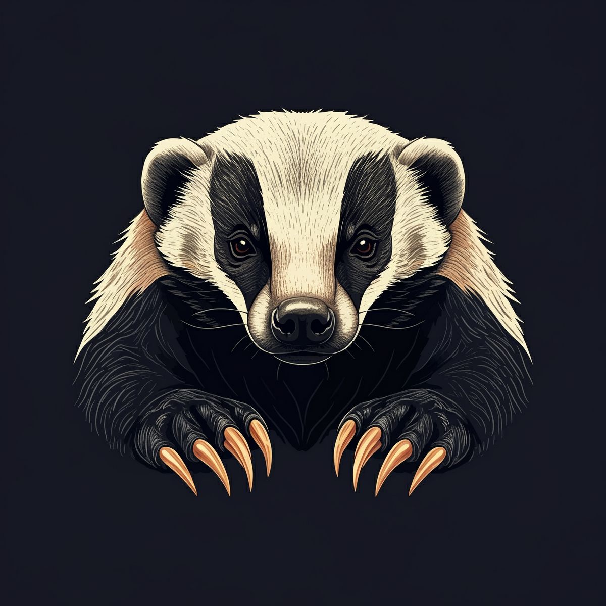 Vintage boho artistic image of honey badger with claws facing front close mouth