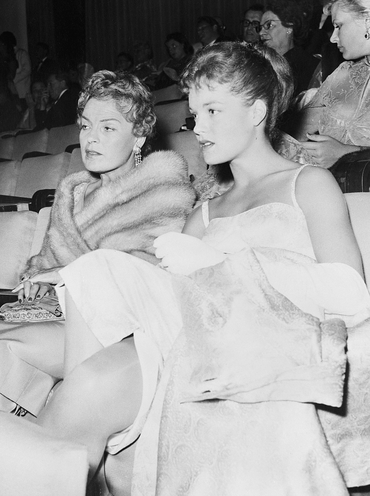 Austrian movie actress Romy Schneider (R) and her mother, stage and film actress Magda Schneider (L), attend a showing of the film "Eye for an Eye" at the Mostra del Cinema in Venice during the Venice International Film Festival.