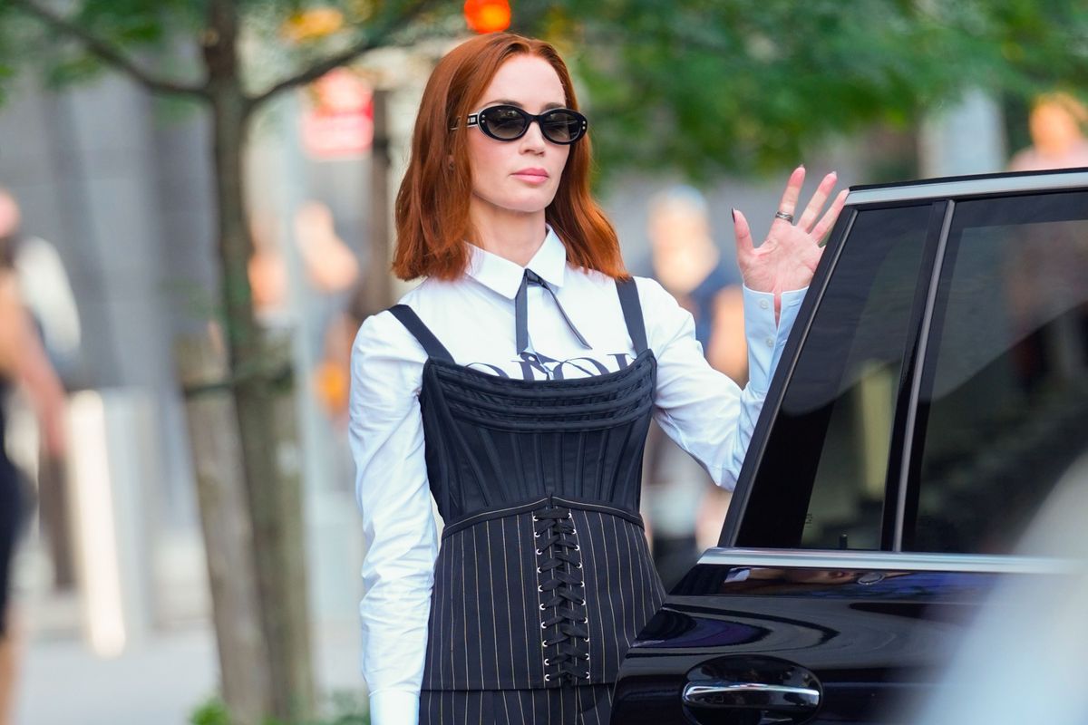 NEW YORK, NY - JULY 29: Emily Blunt is seen on the set of "The Devil Wears Prada 2" on July 29, 2025 in New York City.  (Photo by XNY/Star Max/GC Images)