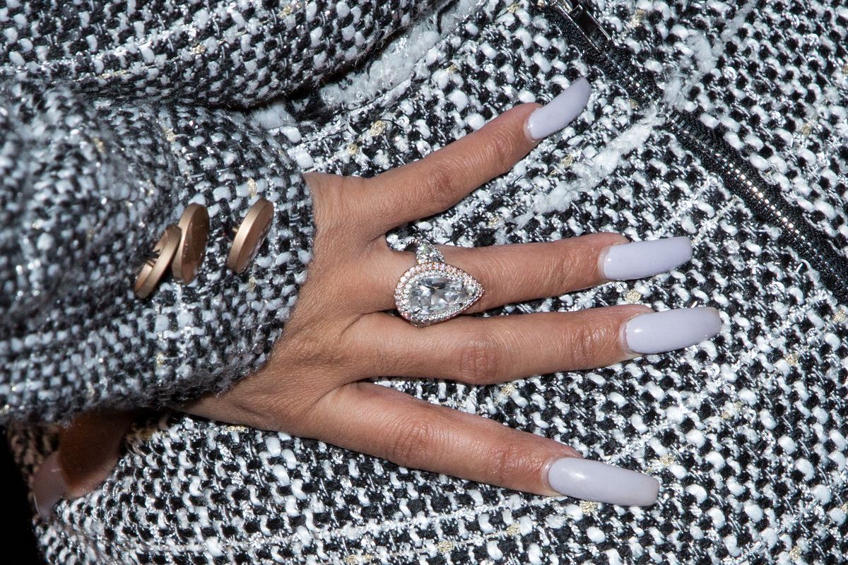 HOLLYWOOD, CA - NOVEMBER 14:  Cardi B, ring detail, arrives for Fashion Nova x Cardi B Collaboration Launch Event at Boulevard3 on November 14, 2018 in Hollywood, California.  (Photo by Gabriel Olsen/FilmMagic)