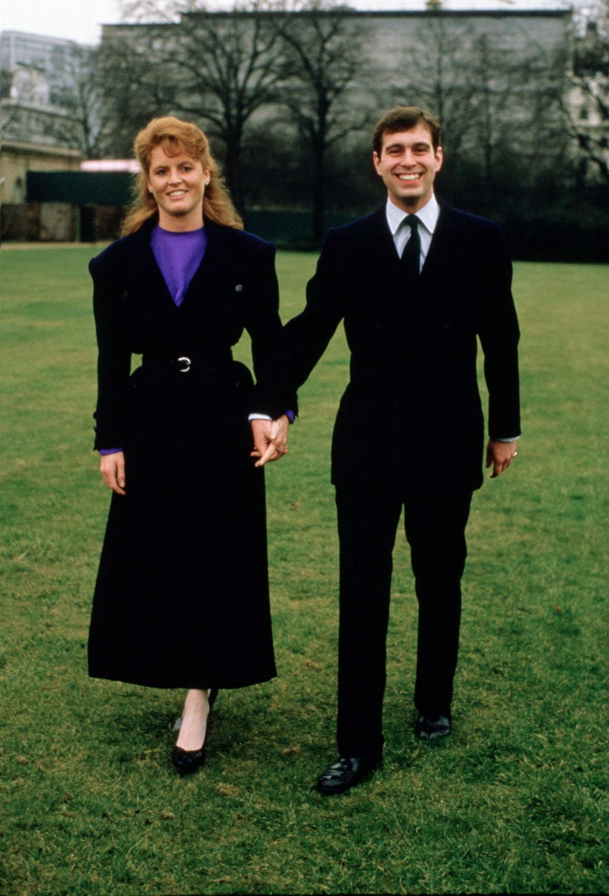 Prince Andrew, Duke of York with Sarah Ferguson after their engagement announcement, Buckingham Palace, London, 17th March 1986. (Photo by Tim Graham Photo Library via Getty Images)