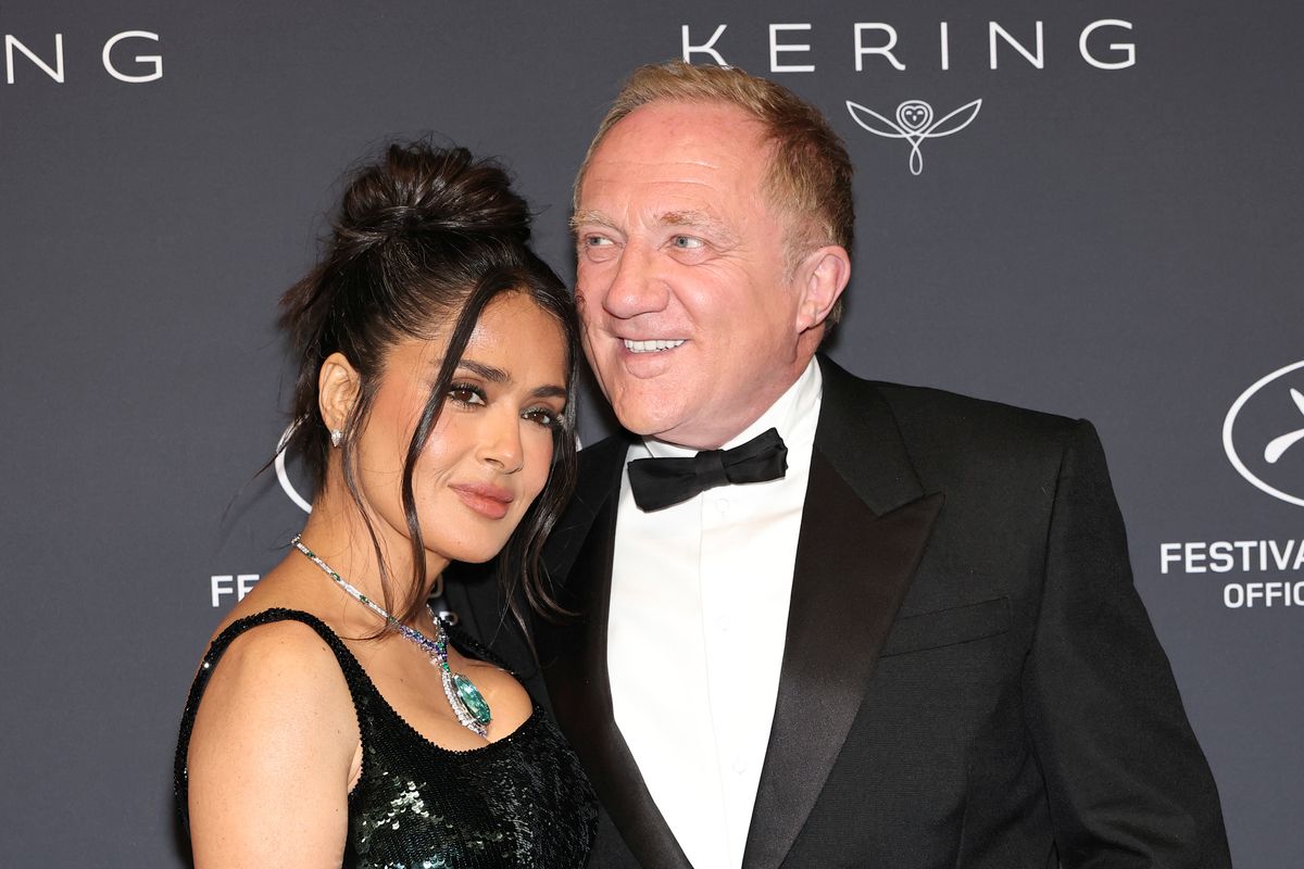 CANNES, FRANCE - MAY 18: Salma Hayek and François-Henri Pinault attend the 2025 Kering Women In Motion Awards and Cannes Film Festival Presidential Dinner at the 78th annual Cannes Film Festival at the Place de la Castre on May 18, 2025 in Cannes, France. (Photo by Monica Schipper/Getty Images)