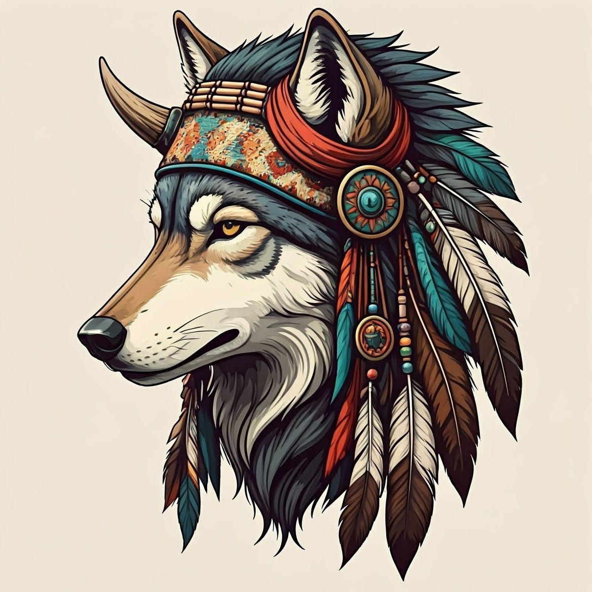 head profile of a wolf disguised as an indian with horns in a vector file