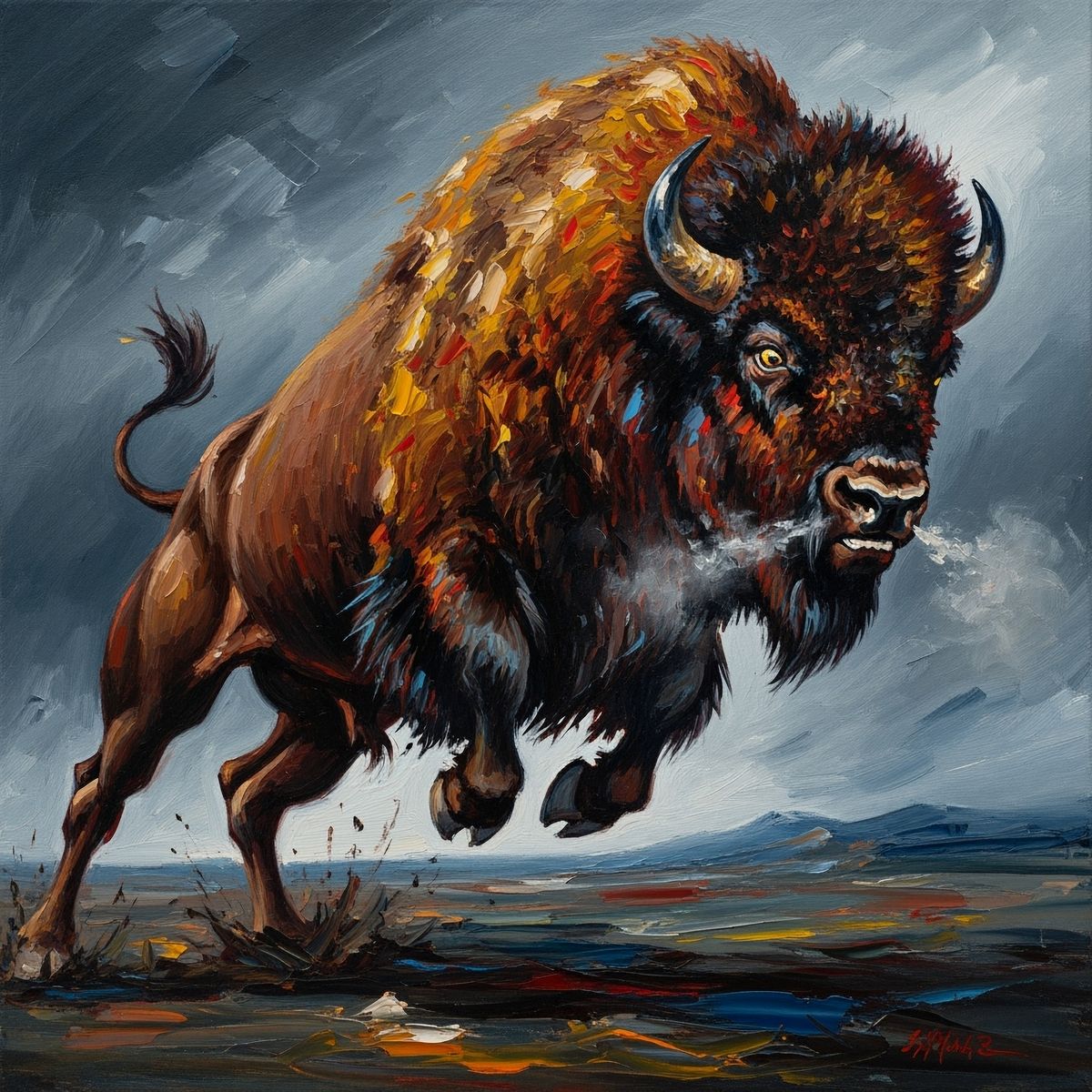 angry jumping bison art