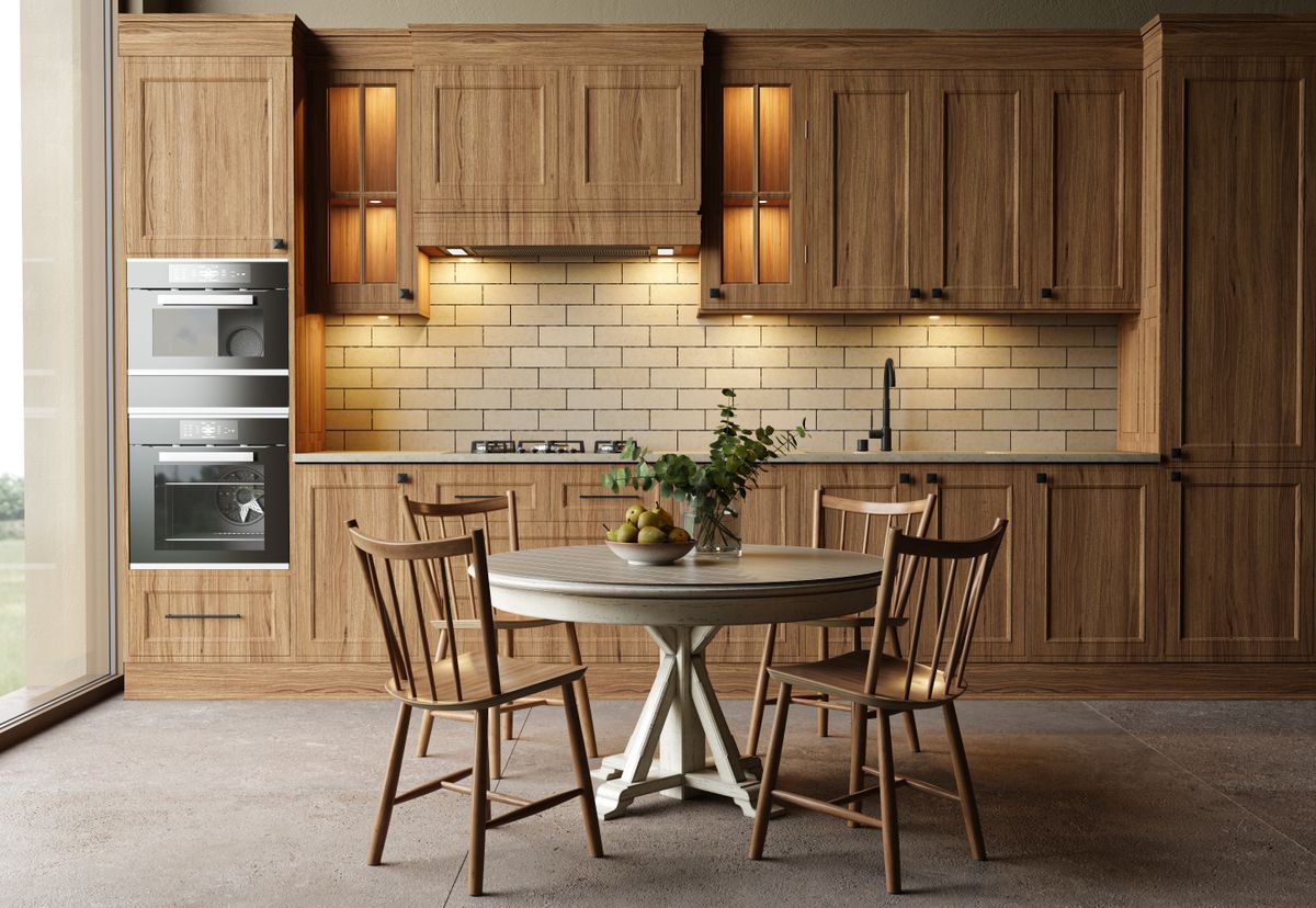 Kitchen with wooden cabinets and a dining table. High quality illustration 3d rendering retro vintage style. 3D Illustration