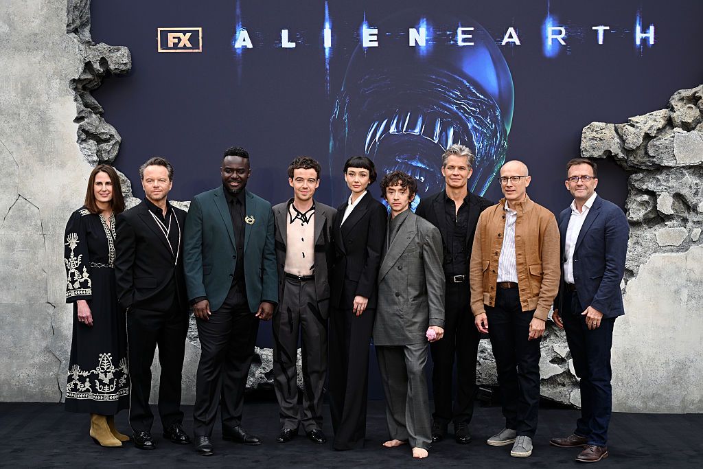 LONDON, ENGLAND - JULY 29: Gina Balian, Co-President, FX Entertainment, Noah Hawley, Babou Ceesay, Alex Lawther, Sydney Chandler, Samuel Blenkin, Timothy Olyphant, David W. Zucker and Tony Chambers, EVP, Theatrical Distribution, The Walt Disney Company attend the "Alien: Earth" European Premiere at the Barbican Centre on July 29, 2025 in London, England. (Photo by Kate Green/Getty Images)